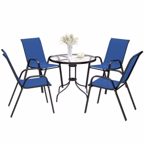 Outsunny 5 Piece Garden Dining Set with Round Glass Table and Stackable Chairs in Blue – 1