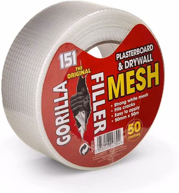 Gorilla Filler Self-Adhesive White Glass Fibre Plasterboard and Drywall Mesh