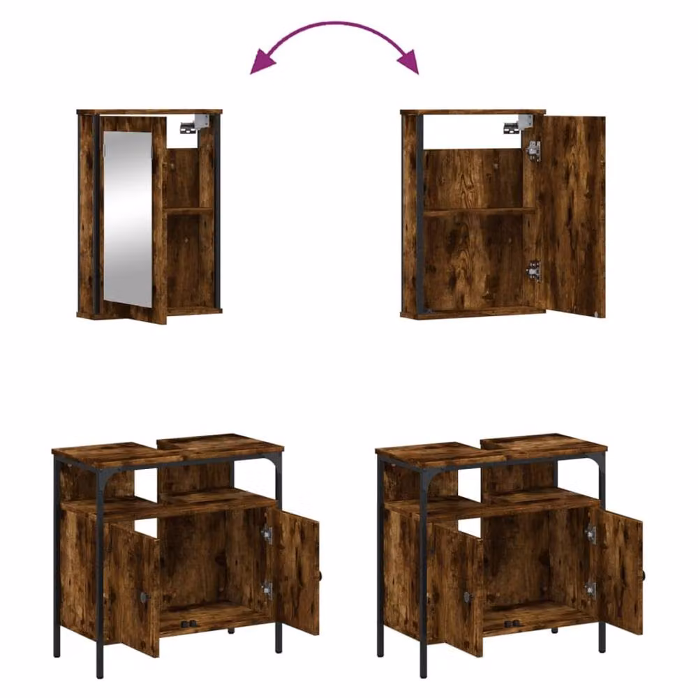 Berkfield Home 2 Piece Industrial Bathroom Furniture Set in Smoked Oak Brown, featuring a Mirror Cabinet and Vanity Unit – 4