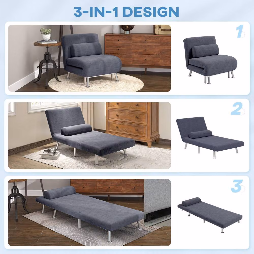 STILVORA 3-in-1 Grey Velvet Sleeper Chair Bed with Metal Frame and Armrests – 6