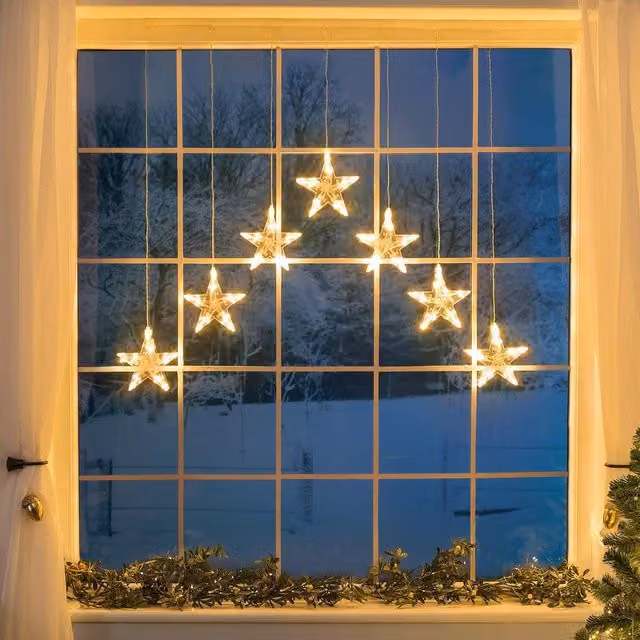Christow Christmas LED Star Curtain Lights in Cream and Beige, H 90 cm x W 84 cm