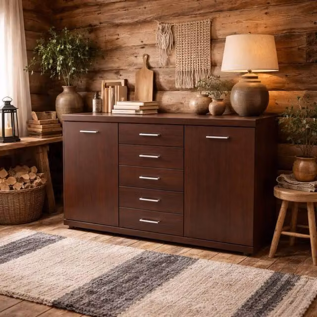Wyld Haus Sonderborg Wide Sideboard in Dark Brown with 2 Doors and 5 Drawers
