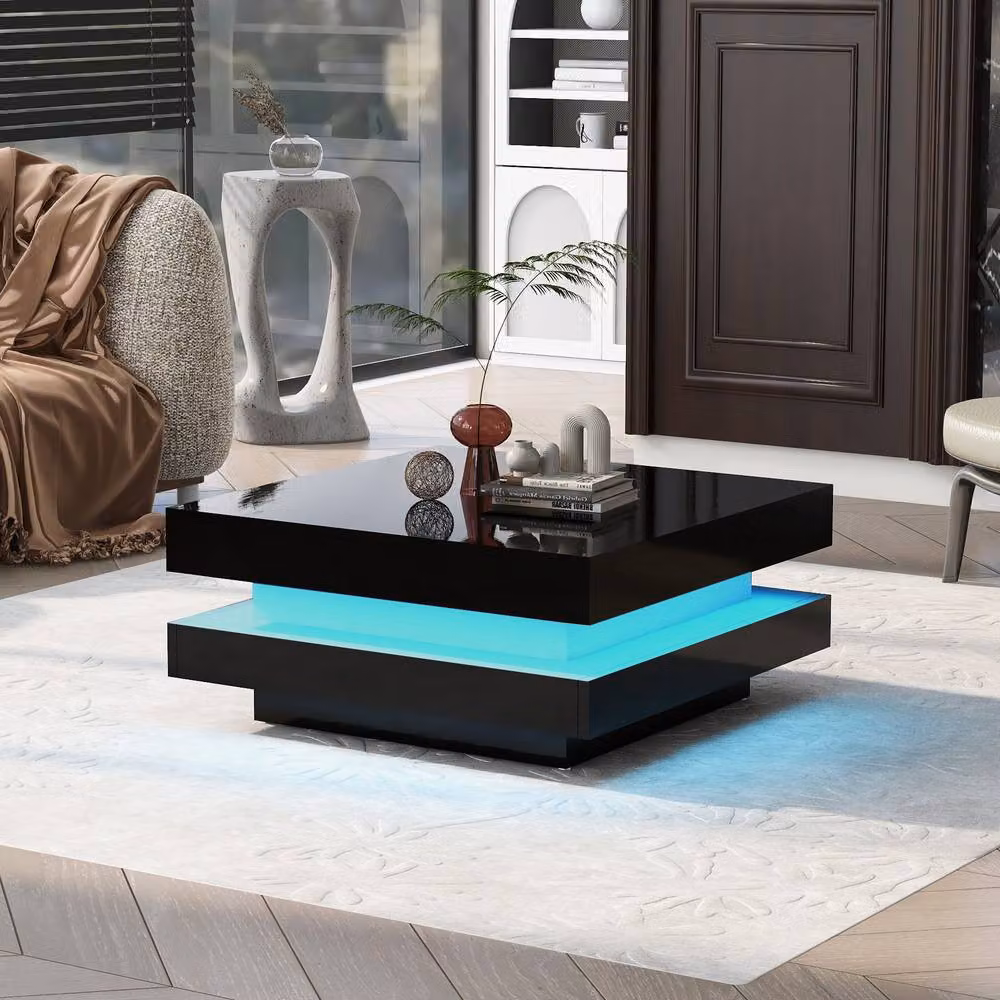 Merax Square High Gloss LED Coffee Table with 360 Degree Rotating Top in Black, W/D/H: 70 x 70 x 36 cm – 5