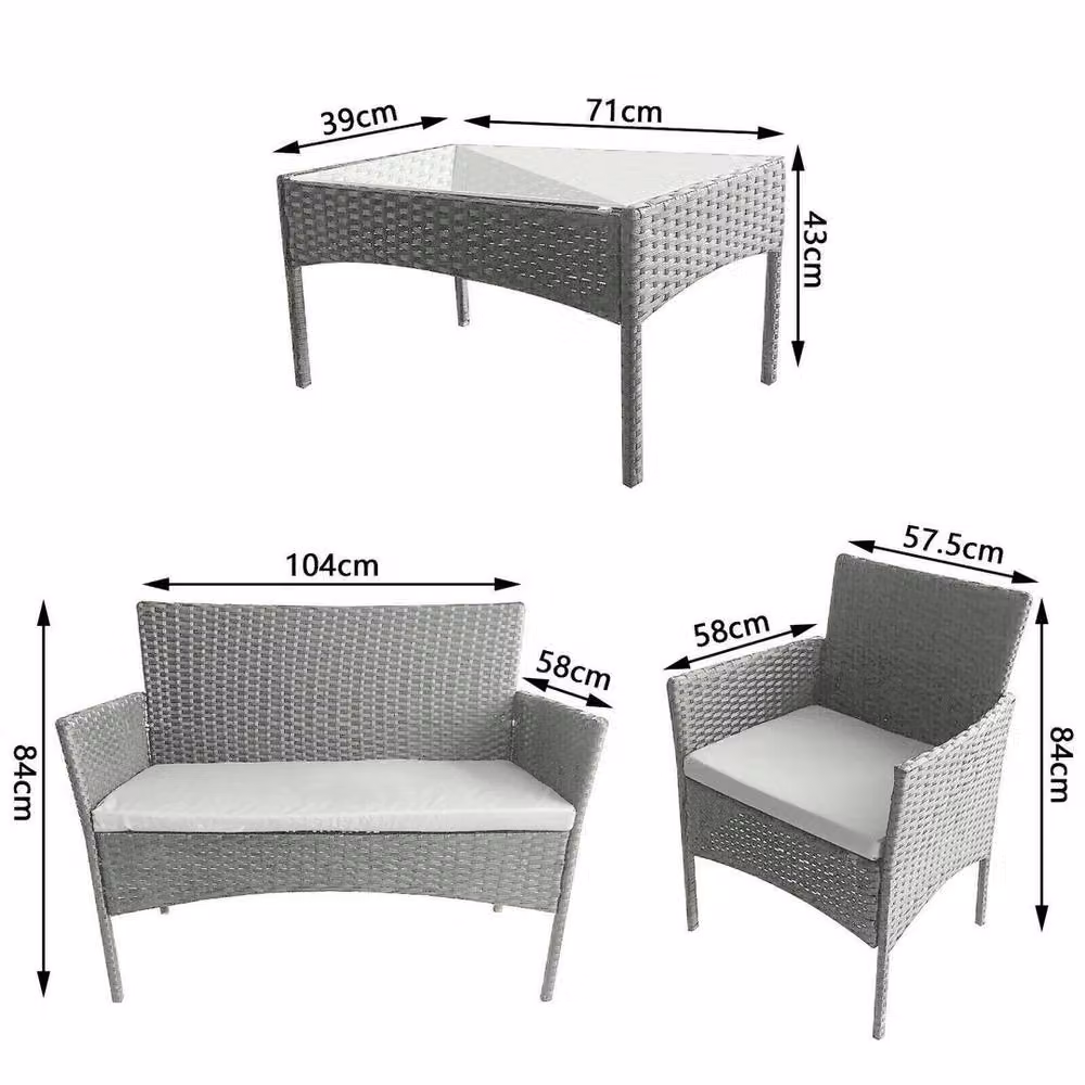 EONLION Grey 4-Piece Rattan Outdoor Garden Furniture Set with 2-Seater Sofa, Coffee Table and Cushions, Width: 100 cm – 2