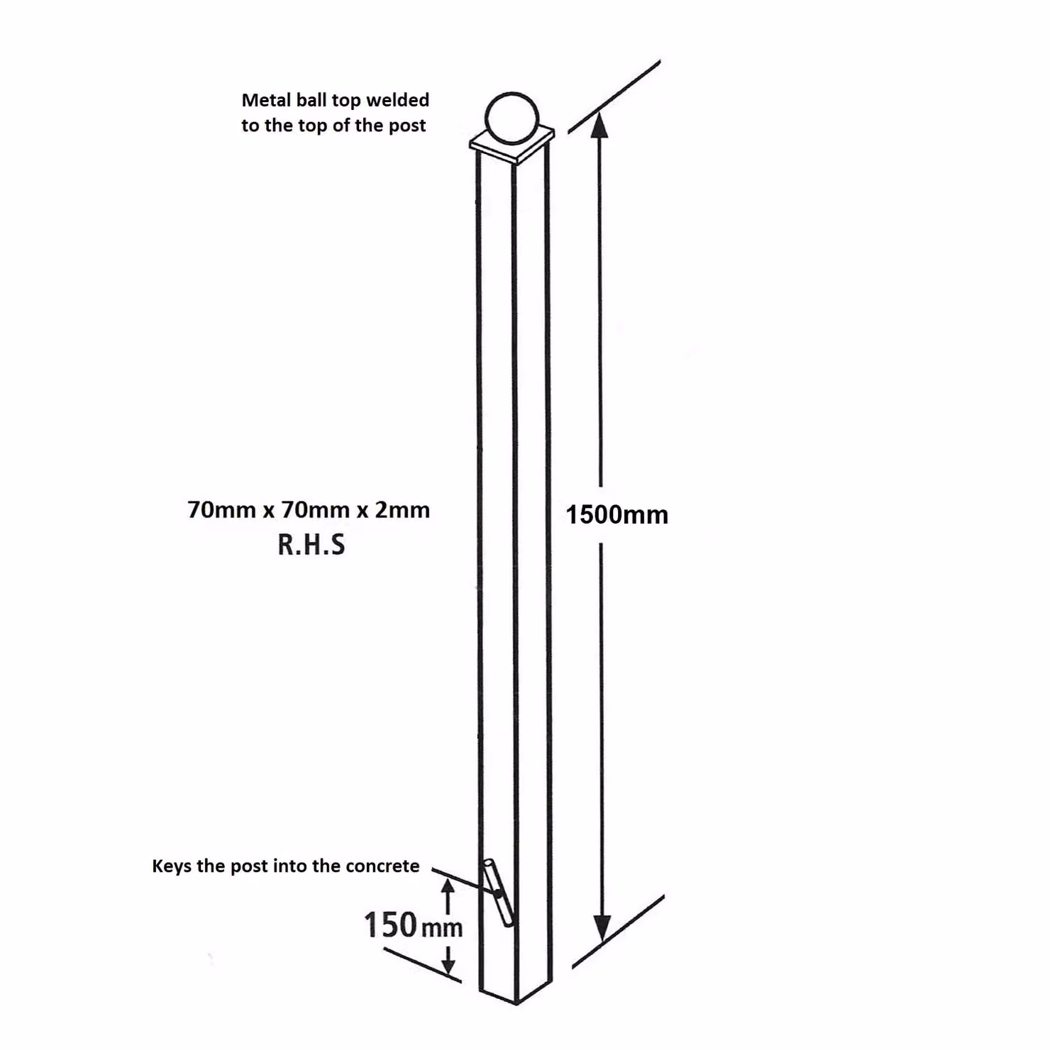 Burbage Iron Craft Square Ball Top Concrete-In Post for Double Gates, Black, H 1500 x W 70 x D 70 mm – 2