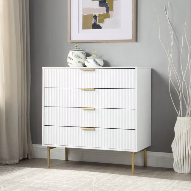 Home Treats Modern White and Gold Striped Bedroom Furniture Set with Wardrobe and 4-Drawer Chest (Width: 80 cm)