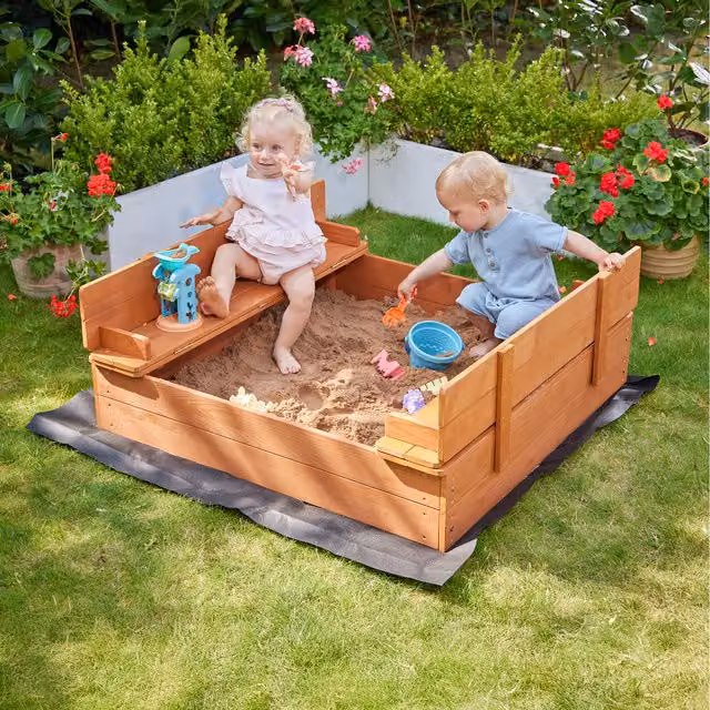 Liberty House Toys Kids Wooden Sandpit with Seating and Cover in Brown