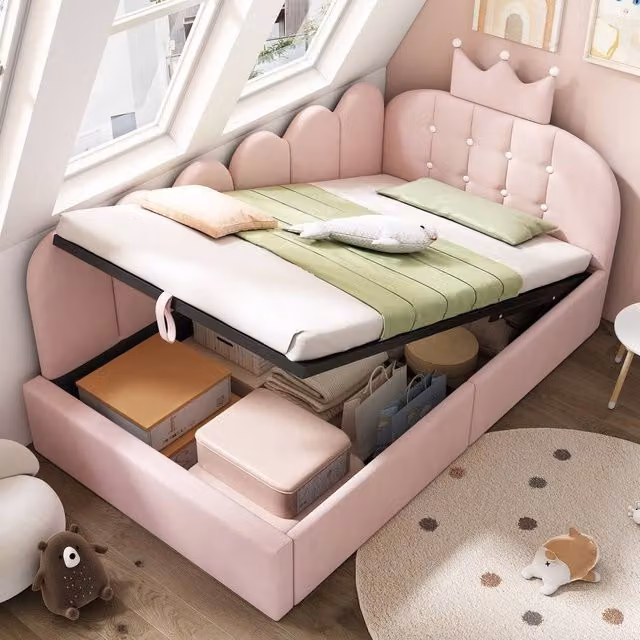 BTM Pink Velvet Single Daybed Sofa Bed with Hydraulic Storage, W/D/H: 190 x 90 x 96 cm – 1