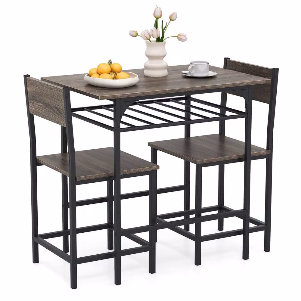 Costway 3-Piece Retro Dining Table and Chair Set, Grey Rectangular Wood Table with Metal Frame for 2 Adults – 6