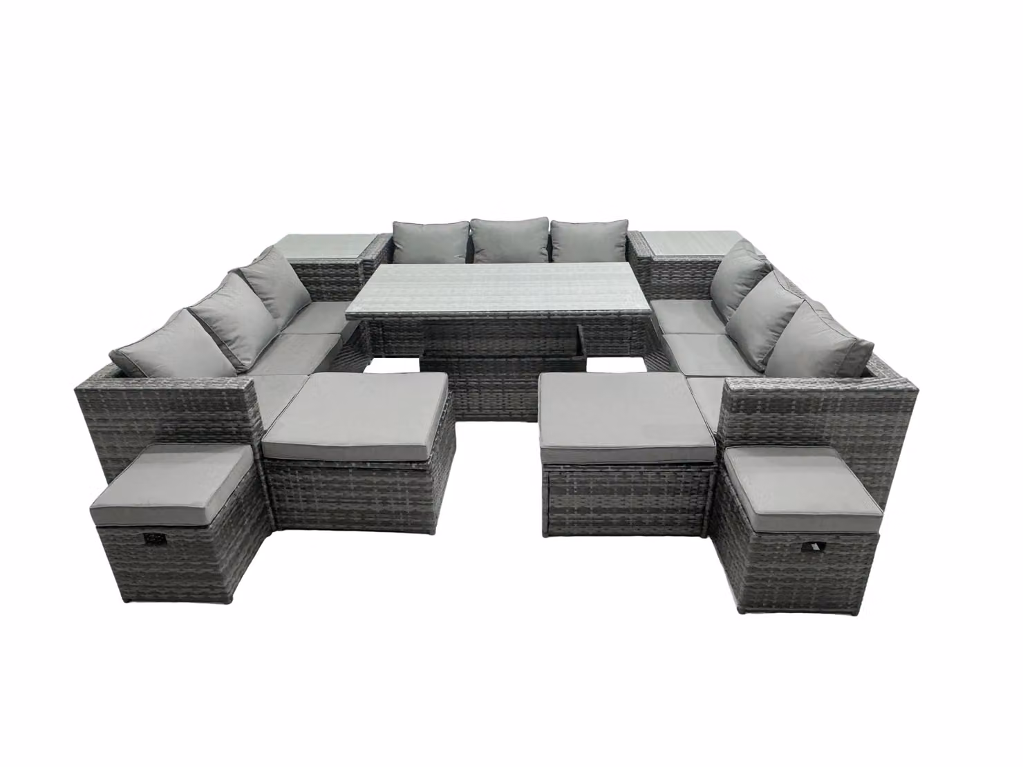 Fimous 13-Seat Rattan Outdoor Dining Set with Sofa, 2 Side Tables and Stools in Dark Grey – 2