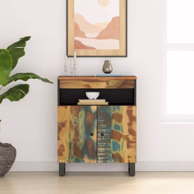Berkfield Home Reclaimed Solid Wood Sideboard with 2 Doors, Multicolour, W: 60 cm, D: 33 cm, H: 75 cm