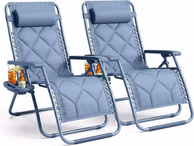 Keplin Blue Quilted Zero Gravity Chairs with Armrests, Adjustable Headrest, Cup Holders and Side Tray