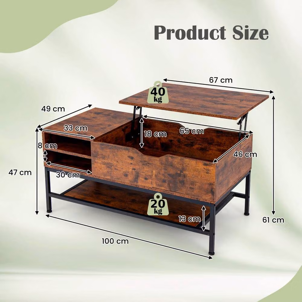 Costway Industrial Lift Top Coffee Table with Storage Shelf in Brown – 2