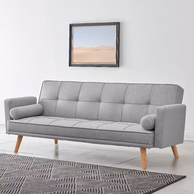 Seatle Sofa Bed with Bolster Cushions in Light Grey Linen Fabric