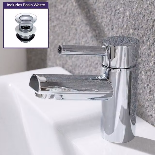 Nes Home Contemporary Single Lever Basin Mixer Tap and Waste in Chrome Silver