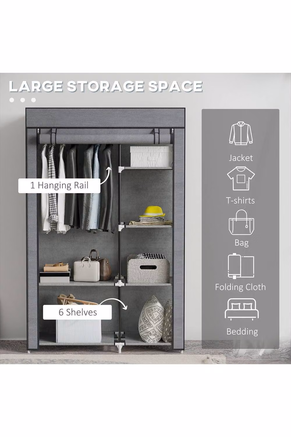 ERGOVEXA Grey Fabric Wardrobe with Roll Shutter, Internal Shelves and Hanging Rail, H 162.5 x W 103 x D 43 cm – 3
