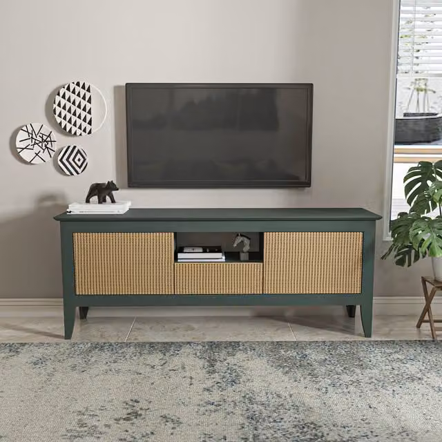 Decorotika Verde Modern TV Unit in Silva Green with Rattan Pattern and Geometric MDF Design