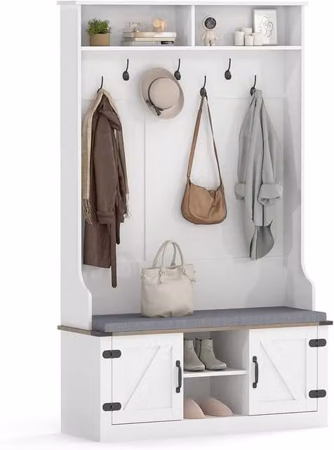 Costway 4-in-1 Hall Tree with Bench and Shoe Storage, White, Height: 174 cm