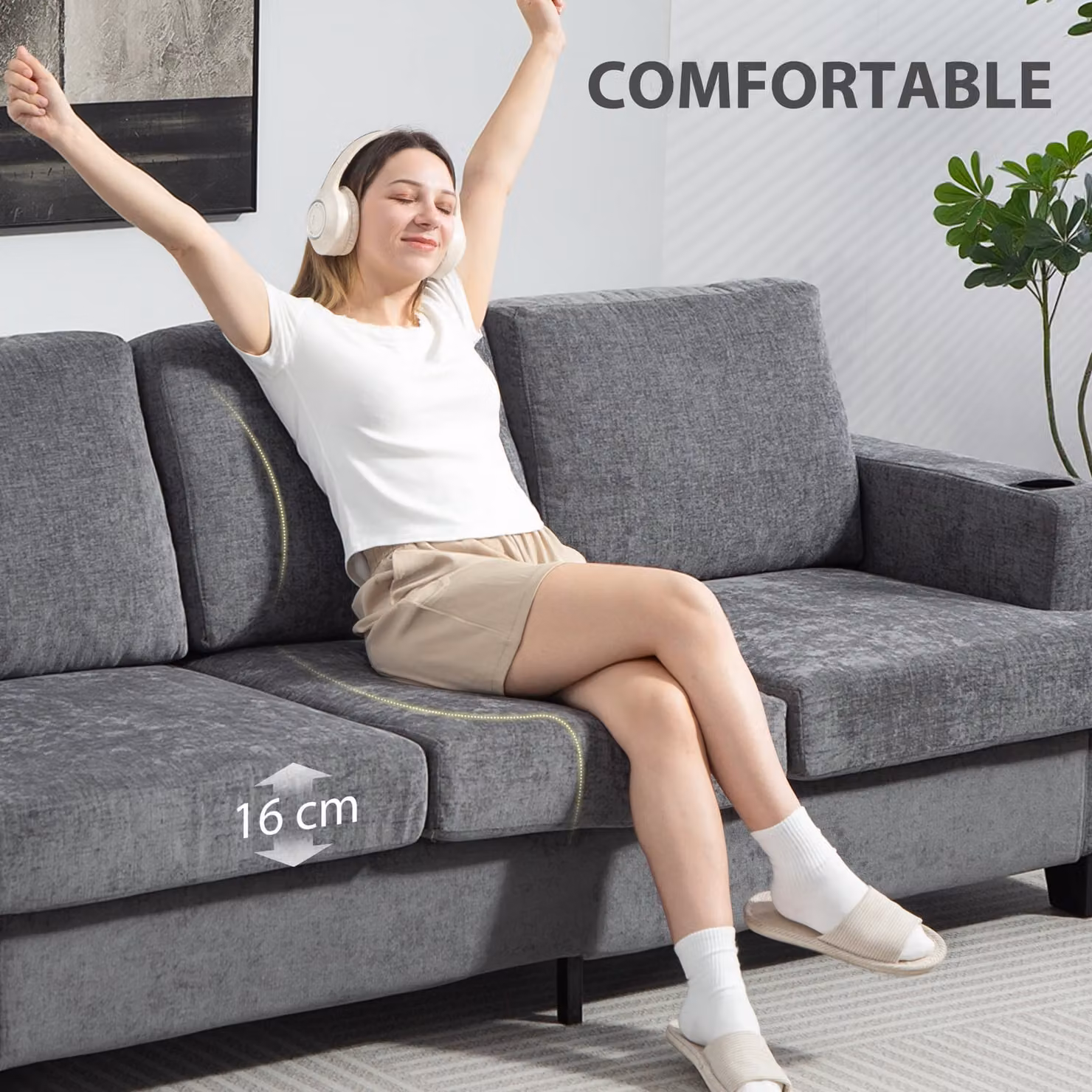 HOMCOM 3 Seater Grey Fabric Sofa with USB Charging Ports, Cup Holders and Removable Covers – 6