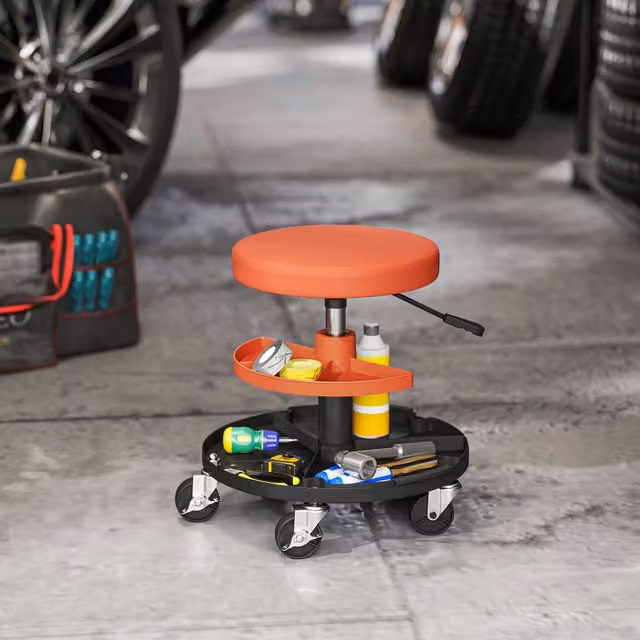 HOMCOM Rolling Mechanic Stool with Metal Frame and Synthetic Leather Seat in Orange