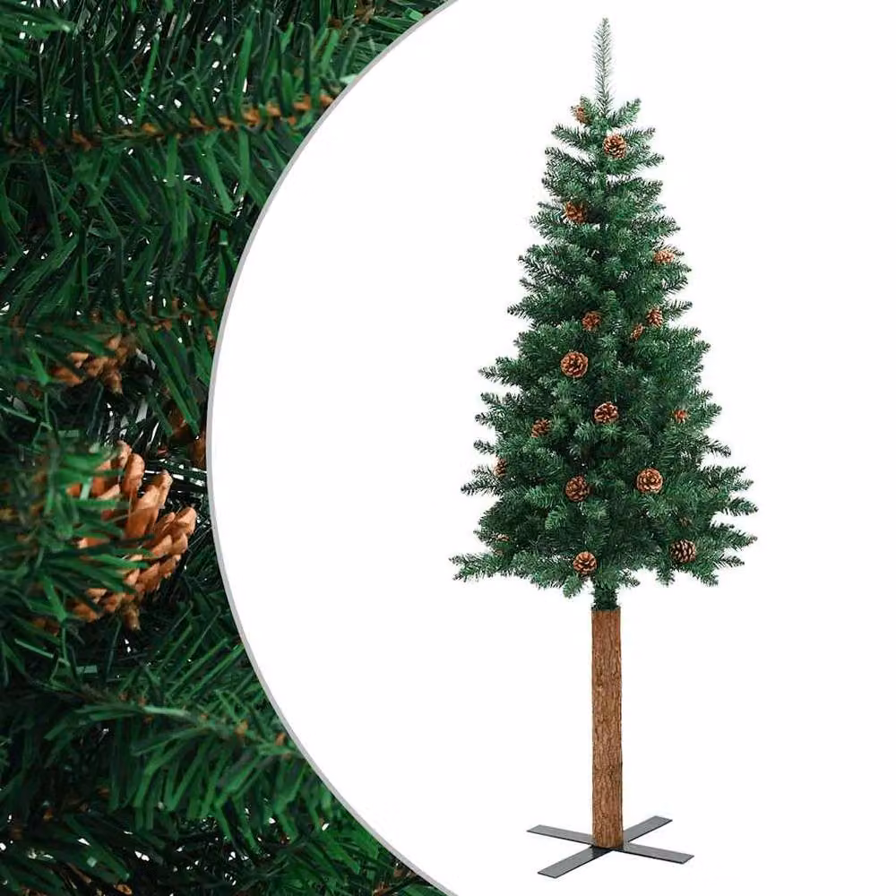 Berkfield Home Slim Green Christmas Tree with Real Wood and Cones, Height: 210 cm – 2