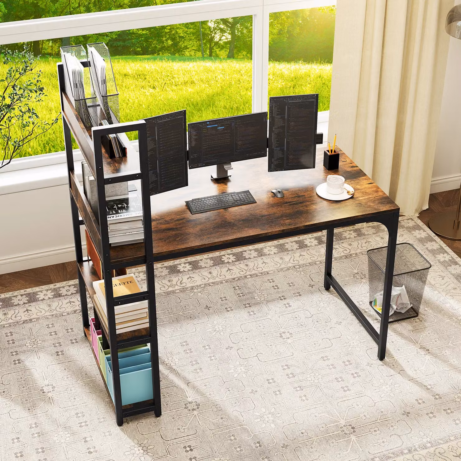 Gymax Industrial Brown Computer Desk with Power Outlets and Shelves – 6
