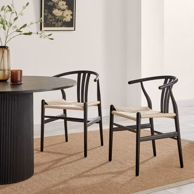 FurnitureboxUK Set of 2 Caia Black Wood and Paper Rope Wishbone Dining Chairs