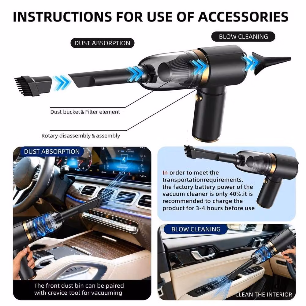 FLAVORA Cordless Wet and Dry Handheld Car Vacuum Cleaner in Black with Rechargeable Battery and Washable Filter – 4