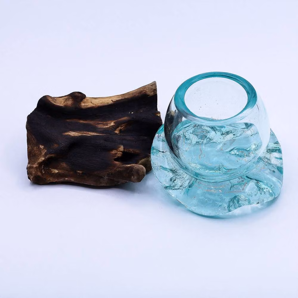 Serenityy Handcrafted Luxury Molten Glass Tabletop Ornament in Transparent with Natural Wood Base, Diameter: 20 cm – 3
