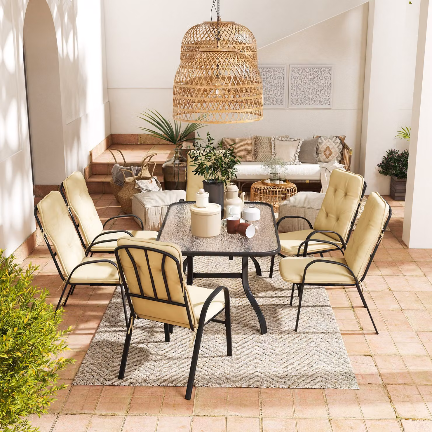 Outsunny 7-Piece Garden Dining Set with Tempered Glass Rectangular Table and 6 Texteline Chairs with Cushions, Beige – 7