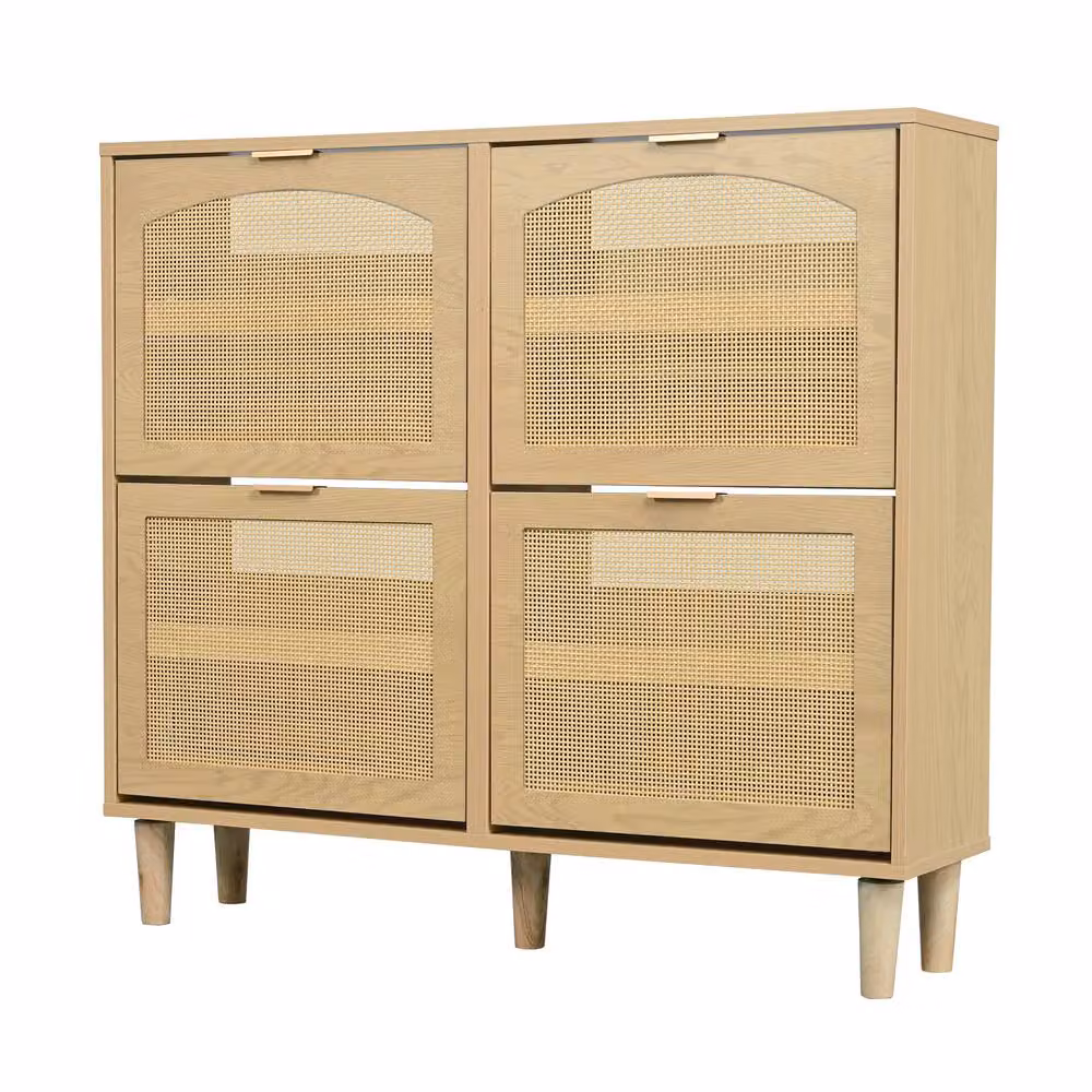 Merax Light Oak Rattan Shoe Storage Cabinet with 4 Tilting Compartments and Internal Shelves, Beige – 2
