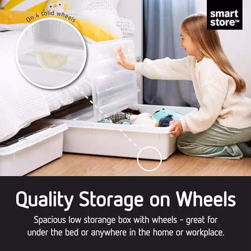 SmartStore Large Plastic Under Bed Storage Box with Lid and Wheels, 60L, Transparent, L79 x W59 x H18.5 cm – 2
