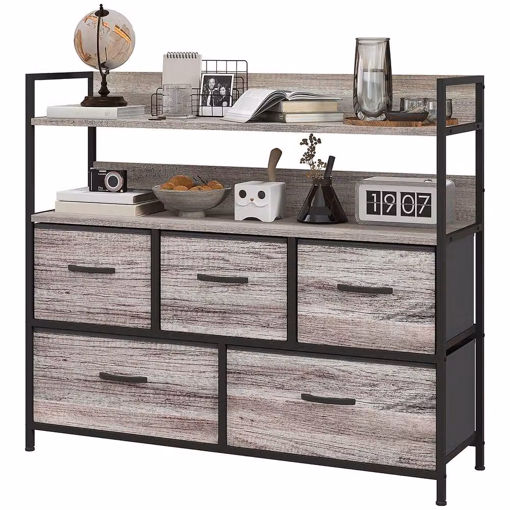 ERGOVEXA Rustic Chest of Five Fabric Drawers in Grey Wood Effect – 3