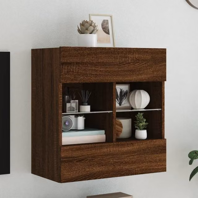 Berkfield Home Modern Wall Mounted TV Cabinet with LED Lighting and Glass Doors in Brown Oak, W/D/H: 58.5 x 30 x 60.5 cm – 1