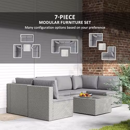 Outsunny 7 Piece Grey Rattan Garden Furniture Set with Upholstered Cushions and Coffee Table for 6 Adults – 3