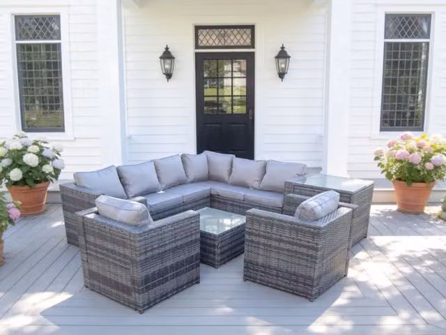 Fimous Rattan Corner Sofa Set in Dark Grey with 2 Chairs, Coffee Table and Side Table – 2