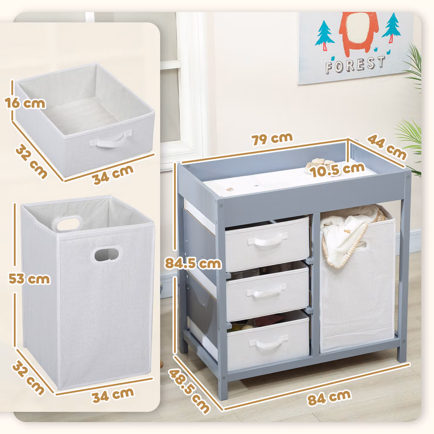 AIYAPLAY Baby Changing Unit with 4 Storage Drawers and Changing Mat, Grey and White, W/D/H: 84 x 84.5 x 11 cm – 2