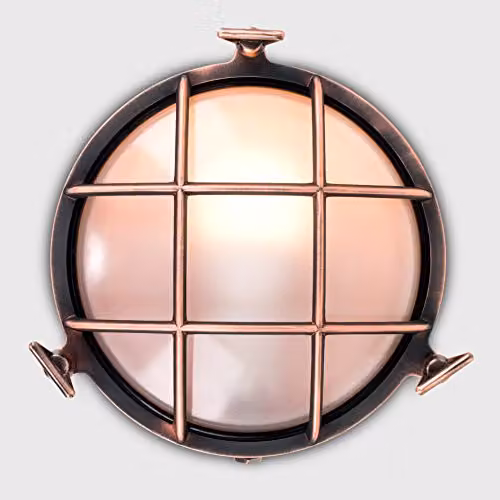 MiniSun Modern IP66 Rated Metal Nautical Outdoor Wall Light with Copper Effect and Frosted Lens, Includes 8W LED E27 Bulb – 3