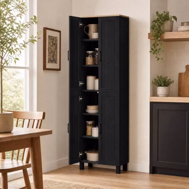 STILVORA Modern Black Matt Kitchen Cupboard with 4 Hinged Doors and Internal Shelves