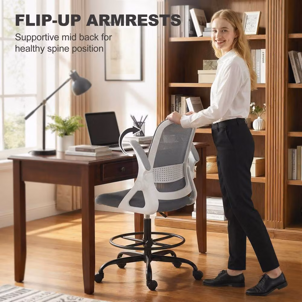 STILVORA Grey Fabric Drafting Chair with Flip-up Armrests and Foot Ring – 8