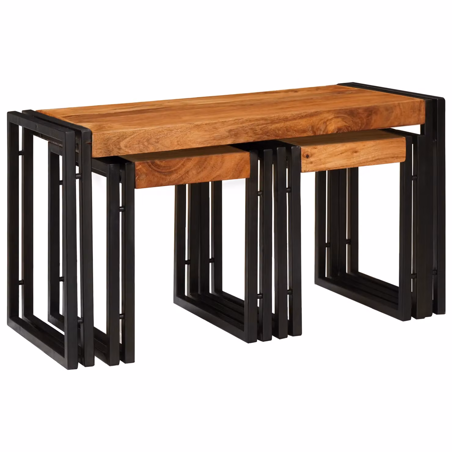Berkfield Home Set of 3 Industrial Nesting End Tables in Brown and Black Solid Acacia Wood – 2