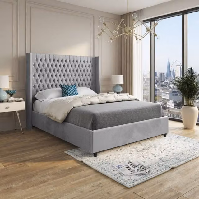 KDMD Wormbridge Winged Upholstered Grey Soft Velvet Designer Bed Frame, W/D/H: 140 x 200 cm