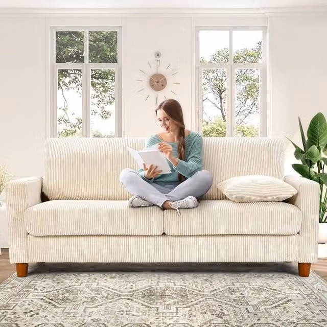 Dprodo Corduroy Upholstered Seater Sofa in Beige with Scatter Cushions, W: 178 cm, H: 89 cm
