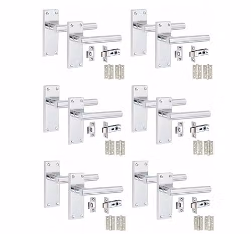Golden Grace Victorian Long Backplate Straight Door Handle Set in Polished Chrome, 6 Sets