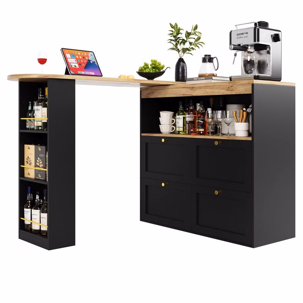 BTM Swivelling Bar Table with Sliding Cabinet Drawers and Open Storage in Black and Gold, H: 105 cm, W: 102 cm, D: 39 cm – 10