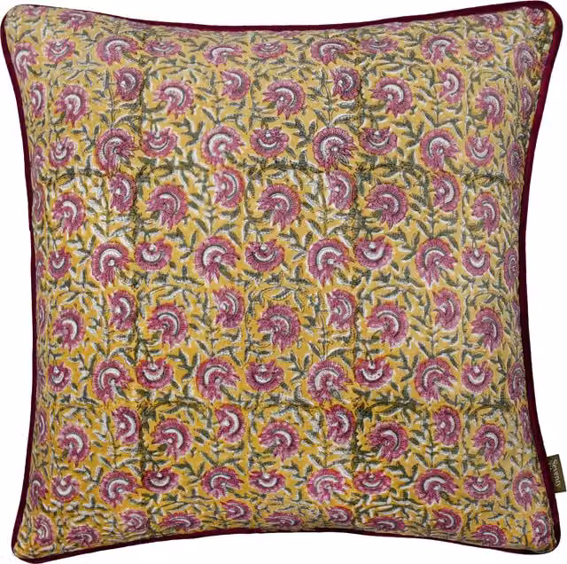 Make it a Home Floral Velvet and Cotton Square Cushion in Gold, Brown and Yellow