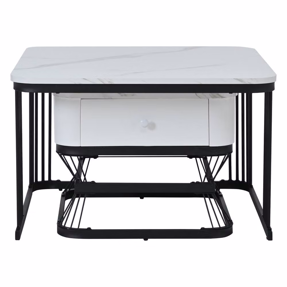 Merax White Marble Effect Nesting Coffee Table Set of 2 with Drawer and Shelf – 5