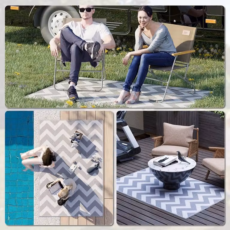 KORVIXA Reversible Round Outdoor RV Rug in Grey, Diameter: 100 cm
