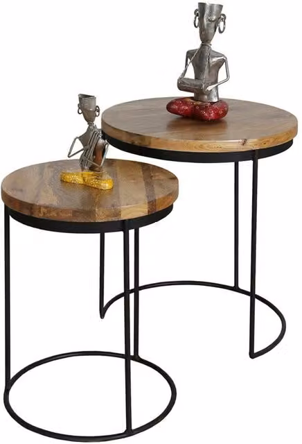 Jaipur Furniture Ltd Ravi Set of 2 Round Stools with Iron Base and Mango Wood Top in Brown and Black, W: 44 cm, D: 44 cm, H: 49 cm – 1