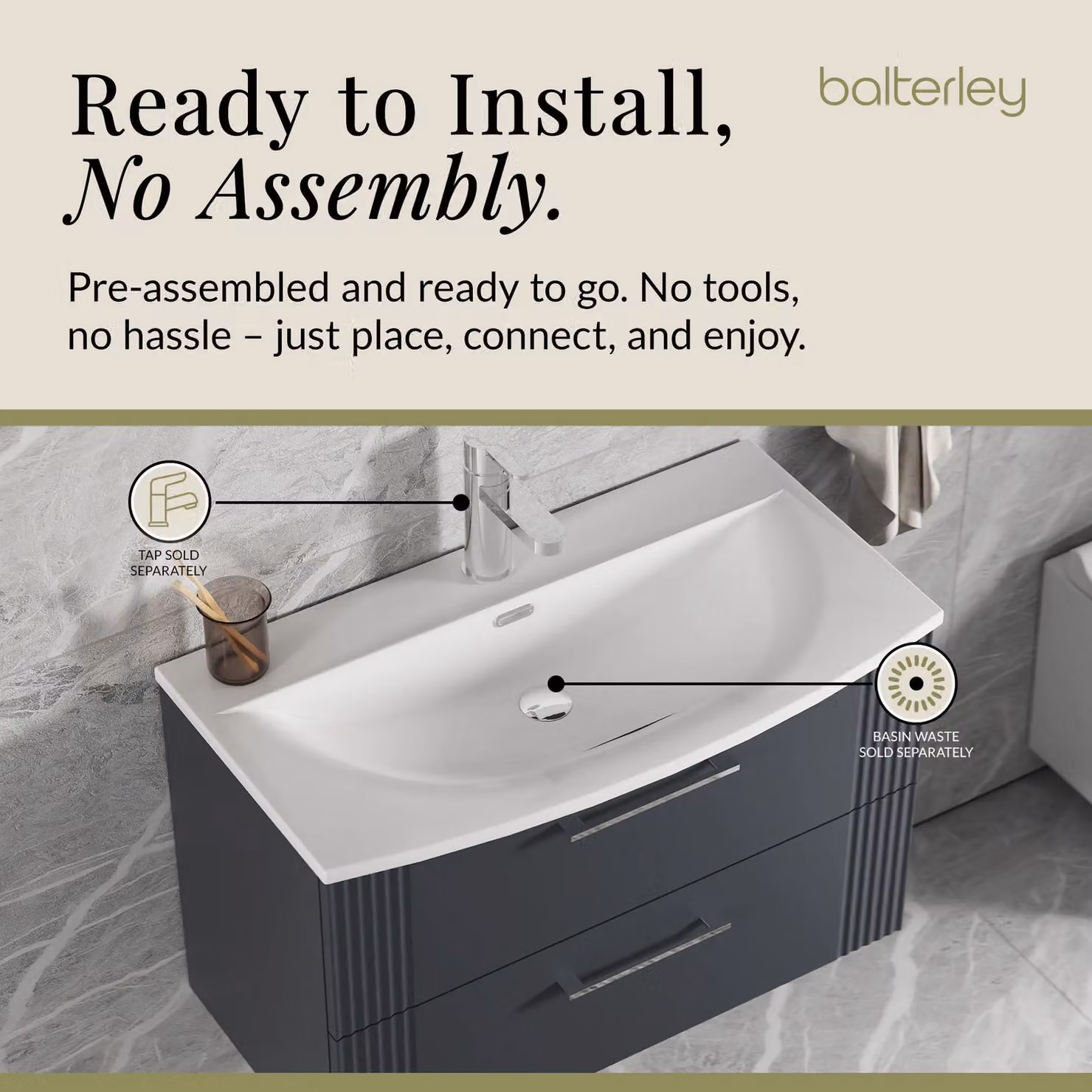 Balterley Wall Hung 2 Drawer Vanity Unit with Curved Basin, Dark Grey, Width: 80 cm – 4